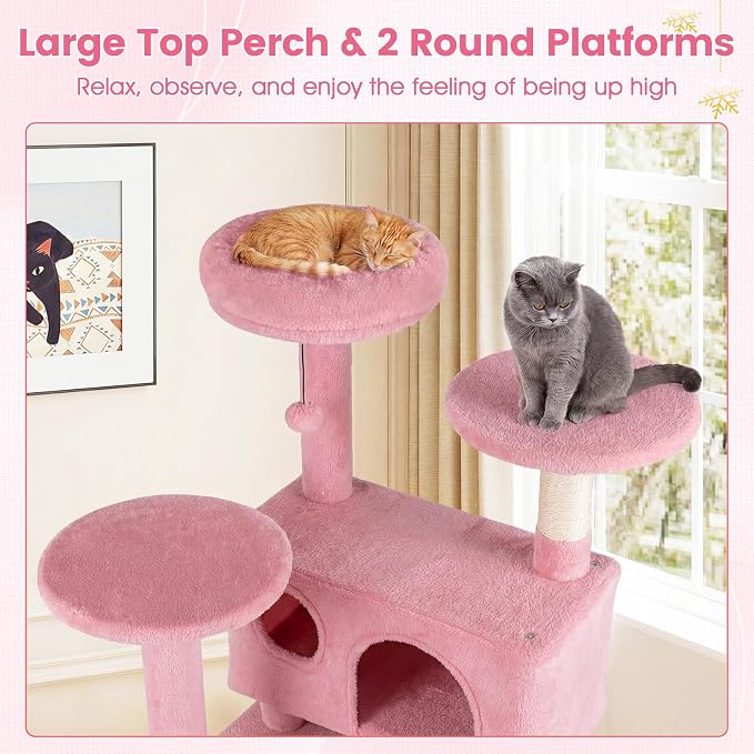 52-inch Cat Tree, Multi-Level Cat Tower with Sisal Scratching Posts, 2 Comfy Condos, Plush Padded Soft Top Perch, Dangling Balls, and Climbing Ladder, Ideal for Indoor Cats (Pink)