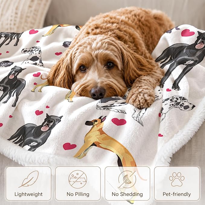 BlessLiving Great Dane White Throw Blanket with Dense Black Dog Patterns Sherpa Fleece Blanket Couch Bed, Soft Cozy Warm Pet Blankets for Puppy Lovers Cute Animal Print Gift 60x80 Inches