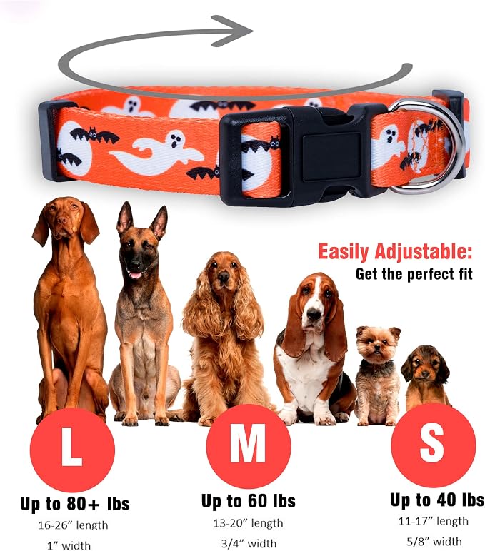 Native Pup Halloween Dog Collar- Spooky Fall Themed Horror Costume Collars- Skull, Pumpkin, Ghost, Bat, Witch, Candy Corn, Spider- Adjustable for Small, Medium, Large Breeds (Small, Ghosts)