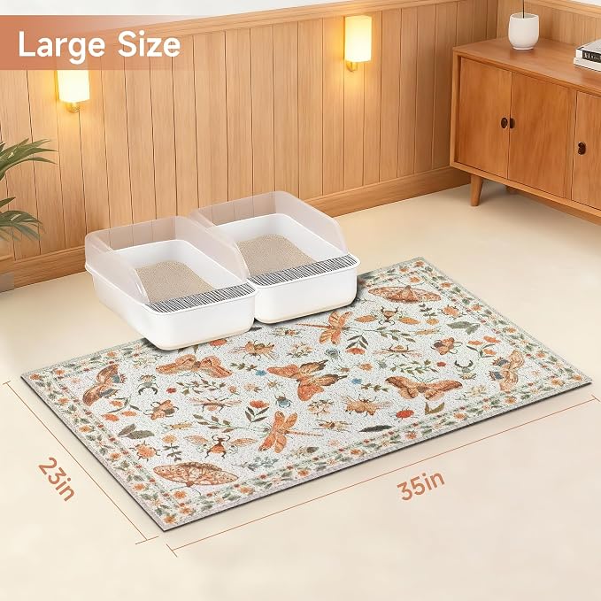 Cat Litter Mat, 35" x 23" Litter Mat, Traps 100% Cat Litter, Non-Slip Litter Box Trapping Mat, Cute Decor Litter Mat, Easy Clean for Scatter Control, Waterproof Urine Protection