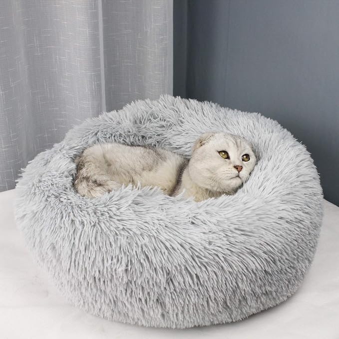 Modern Soft Plush Round Pet Bed for Cats or Small Dogs, Mini Medium Sized Dog Cat Bed Self Warming Autumn Winter Indoor Snooze Sleeping Cozy Kitty Teddy Kennel (24'' D x 8'' H, Light Grey)