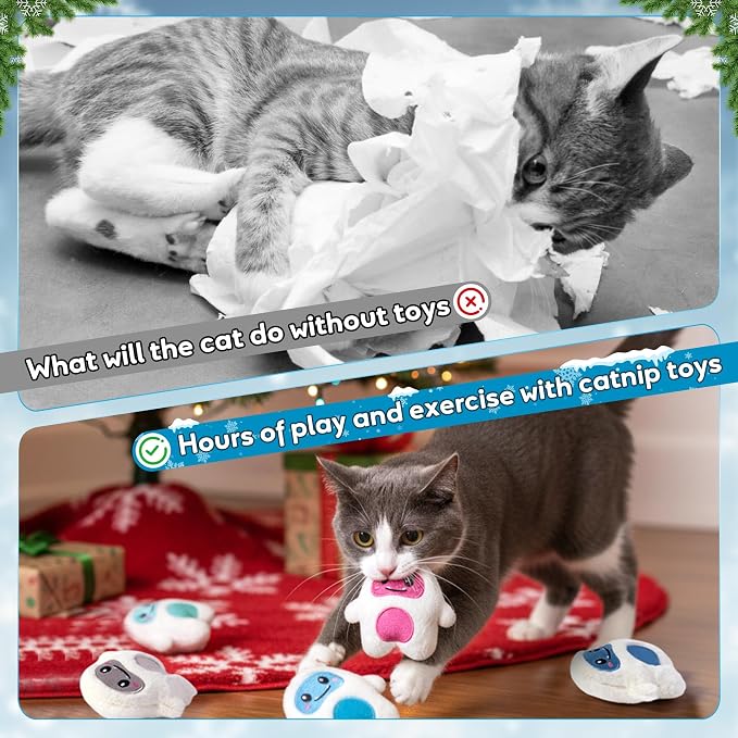 MALLMALL6 Snow Monster Catnip Toys - 5Pcs Funny Catmint Interactive Cat Toy for Indoor Kitten, Soft Plush with Cute Expression Supplies, Kitty Teething Chew Toy Set Xmas Gifts for Cat Lover