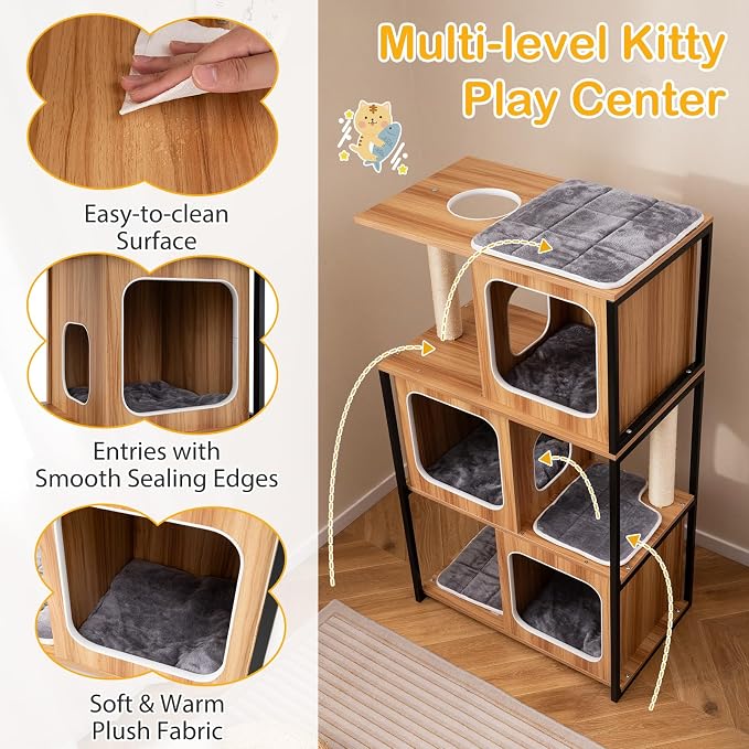 52-inch Wood Cat Tree for Indoor Cats, Multi-Level Solid Metal Framed Wooden Cat Tower with Sisal Scratching Posts and Pad, 3 Condos, and Top Platform with Cat Hole