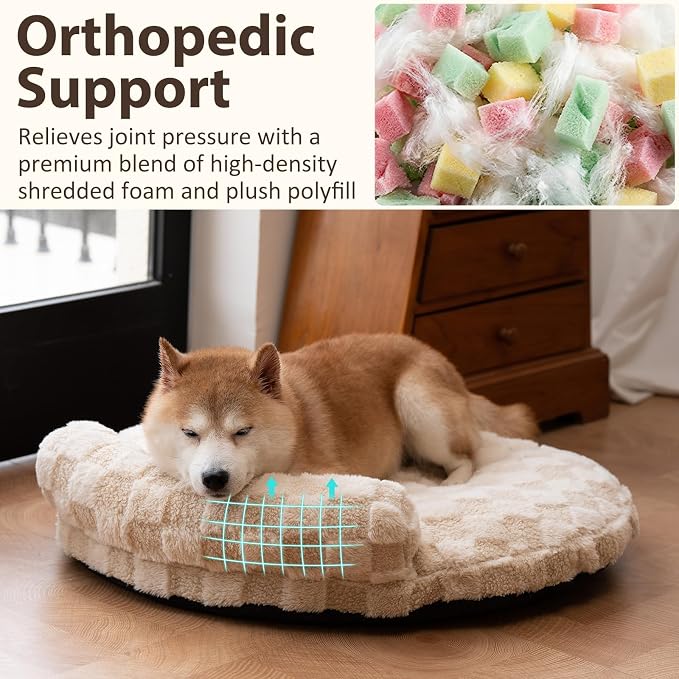 Orthopedic Dog Bed for Small Dogs and Cats Beige Oval 30x25x7 | Calming Pillow Pet Couch Sofa, Removable Washable Cover, Oval 3D Checkered Plush, Indoor