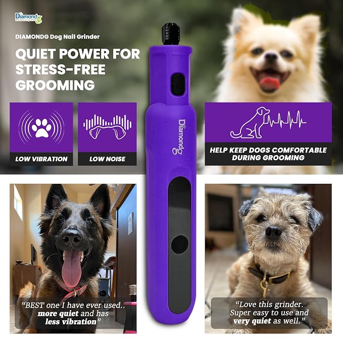 Diamondg Micro Dog Nail Grinder - Quiet Sound with LED Light, Purple | 5-Speed Rechargeable Pet Nail Trimmer for Small & Large Dogs, LCD Display, USB-C Charging, 4hrs. Runtime Rotary Tool