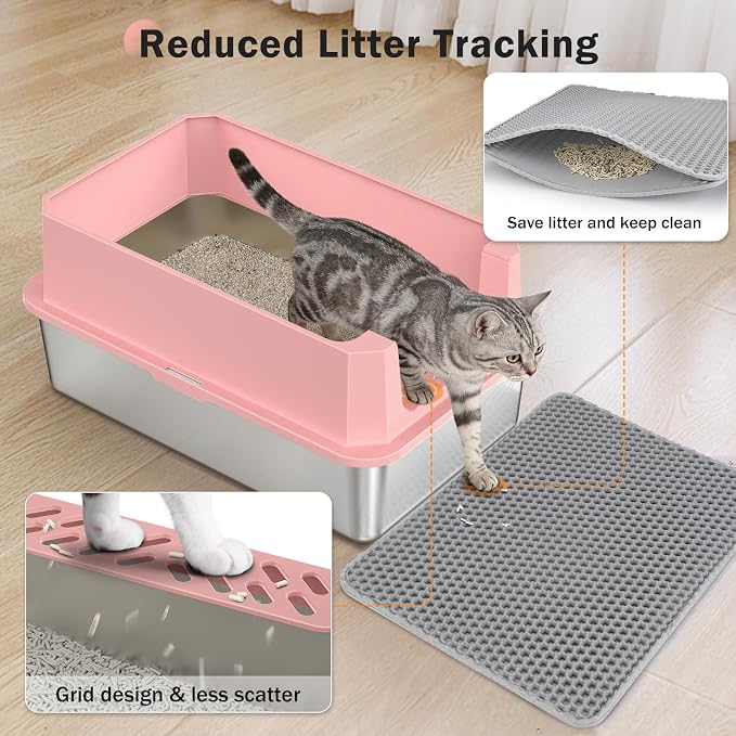 Stainless Steel Litter Box, Extra Large Litter Boxes for Big Cats, XLarge Metal Cat Litter Box with Lid, Anti-Urine Leakage XL Box with High Sides, Easy Clean, Non-Sticky, Scoop Included (Pink, XL)