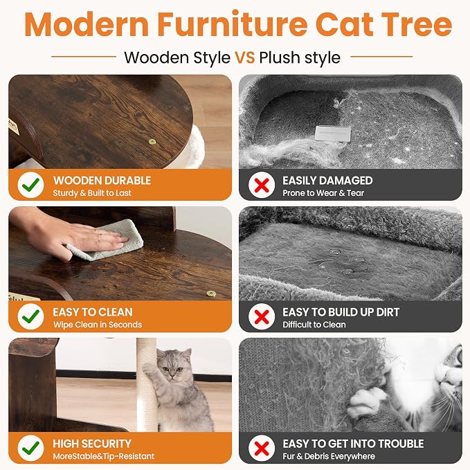 44.8in Modern Wood Cat Tree Tower for Indoor Large Cats with Perch | Multi-level Big Platforms, Sisal Scratching Posts, Cozy Hammock, Washable Pads, Ideal for Windows and Corners, Rustic Brown