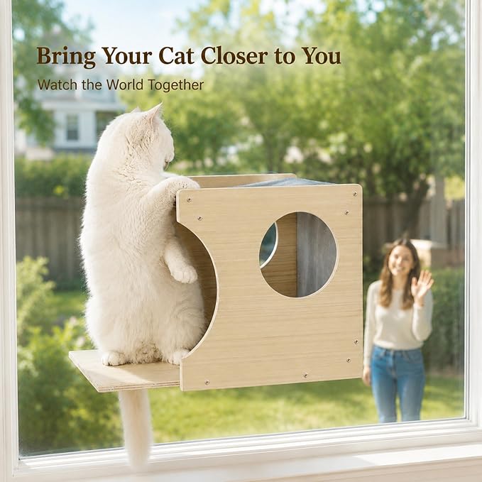 Cat Window Perch，2-Tier Hammock & Hideaway House with Strong Suction Cups | Left-opening, Drill-Free, Hold Up to 45 lb Support, For Small to Medium Cats, Let Cats Lounge, Climb and Watch Outside