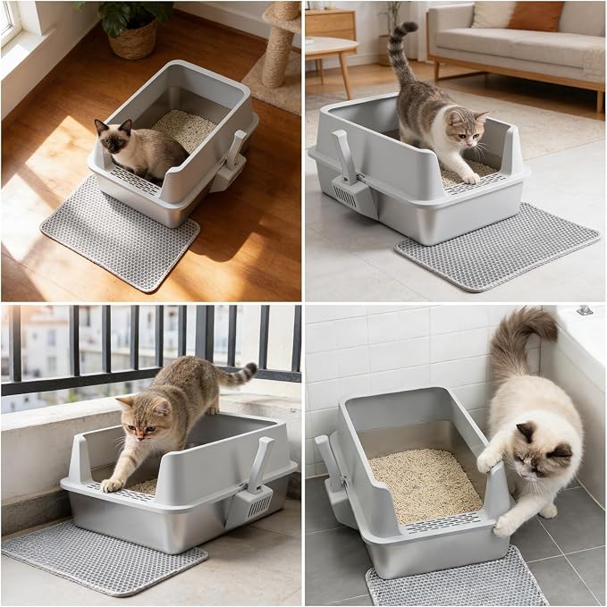 Stainless Steel Litter Box with Lid L to XL, XLarge Metal Litter Box for Big Cats, High-Sided Cat Litter Boxes for Anti Urine Splash, Odor Control,Easy to Clean, Includes Scoop and Mat
