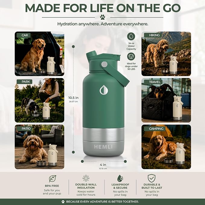 32 oz. Dog Water Bottle, Insulated Dog Travel Water Bottle, Stainless Steel Pet Water Bottle Dispenser Portable Food and Water Bowl for Dogs for Walking Dog Canteen Travel Kit