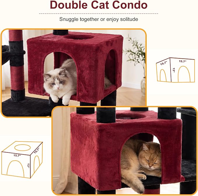 Heybly Cat Tree, 76-Inch Tall Heavy Duty Cat Tower for Big Cats HCT039BR | Multi-Level Large Cat Furniture with Extra Wide Baseboard, 2 Condos & 2 Hammocks, 10 Scratching Posts, Black and Red