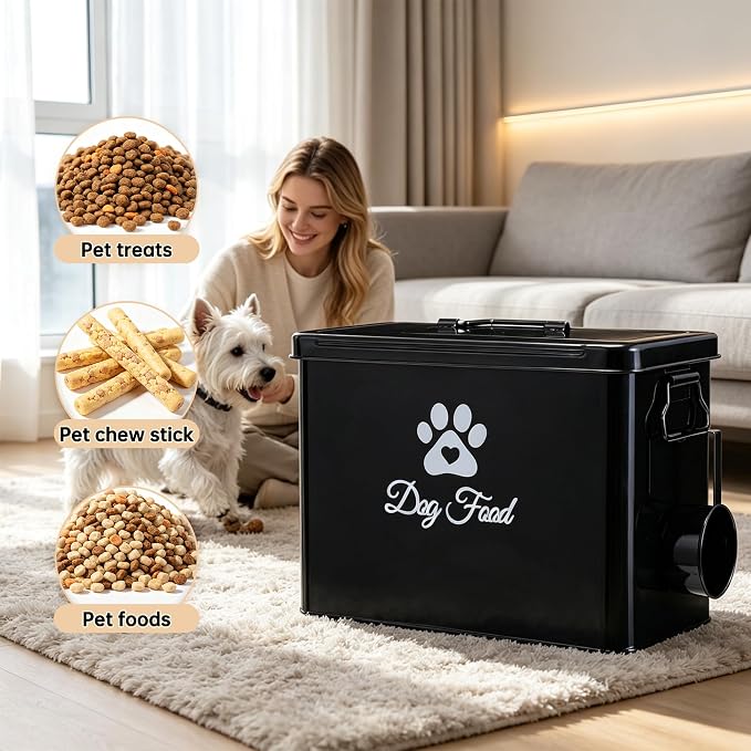 Dog Food Storage Container, Cute Airtight Pet Food Storage Containers with Metal Lid Scoop, 9-12 Lb Large CapacityDog Treat Snack Jar, Black Container Bin for Kitchen Counter Pantry