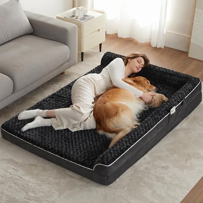 BFPETHOME Orthopedic Washable Dog Bed, Sleeping Couch for Large Senior Dogs | Deluxe Plush Rose Velvet Washable Cover, Egg Crate Foam Support, Waterproof Lining, Non-Slip Bottom, Senior Dogs
