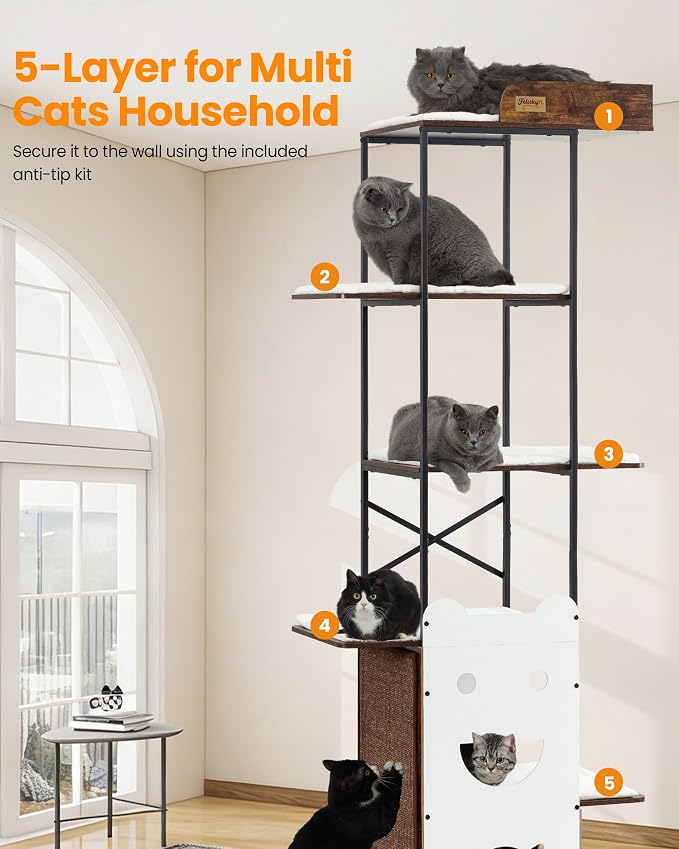 Wood Modern Cat Tree Tower, 84 Inch XL Tall Indoor Large Cat Condo | Heavy Duty XL Stable Wooden Cat Condo House Furniture with Multi-Level Spacious Perch Scratching Board Soft Washable Pads