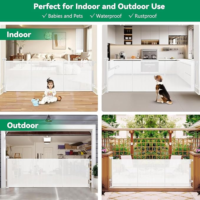 Reinforced 85 Inch Wide Retractable Dog Gate Extra Long Baby Gate with Support Rods – Prevent Crawling Under, Indoor Extra Wide Retractable Baby Gate Retractable Gate Outdoor Gates for Decks, White