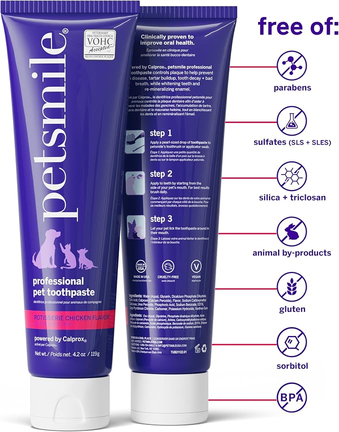 petsmile Professional Pet Teeth Brushing Kit for Cats & Dogs - VOHC Accepted Toothpaste & Patented Toothbrush - Proven to Control Plaque & Tartar Calprox Formula (Rotisserie Chicken, 4.2 Oz)