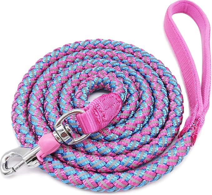 2/3/4/6/10 Foot Reflective Dog Leash Strong Nylon Rope Braided Heavy Duty for Large Medium Small Dogs Walking Training Leads (Pink, 10ft * 1/2")