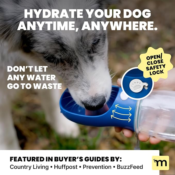 MalsiPree Dog Water Bottle Dispenser - 12 oz Navy Blue, Leak-Proof | 12oz leak-proof bottle & bowl - one-hand use - Use for dog walks, travel, hiking, park & beach days