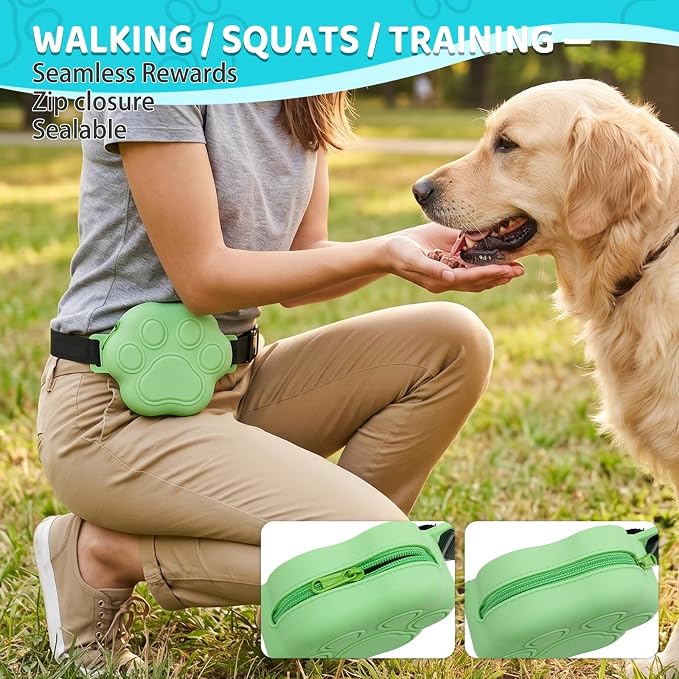 Dog Treat Pouch with Training Clicker and 2 Poop Bags, 1.8 Cup Small Sealable Zipper Silicone Fanny Pack with Waist Belt, Pet Puppy Training & Walking Essentials (Green)