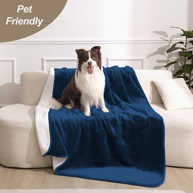 gogobunny Waterproof Bed Blanket, Reversible Sherpa Fleece Throw Blanket for Dog Puppy Cat, Furniture Cover Protects Bed Couch Sofa from Liquid Pee and Pet Fur (Navy Blue, 25x35 inches)