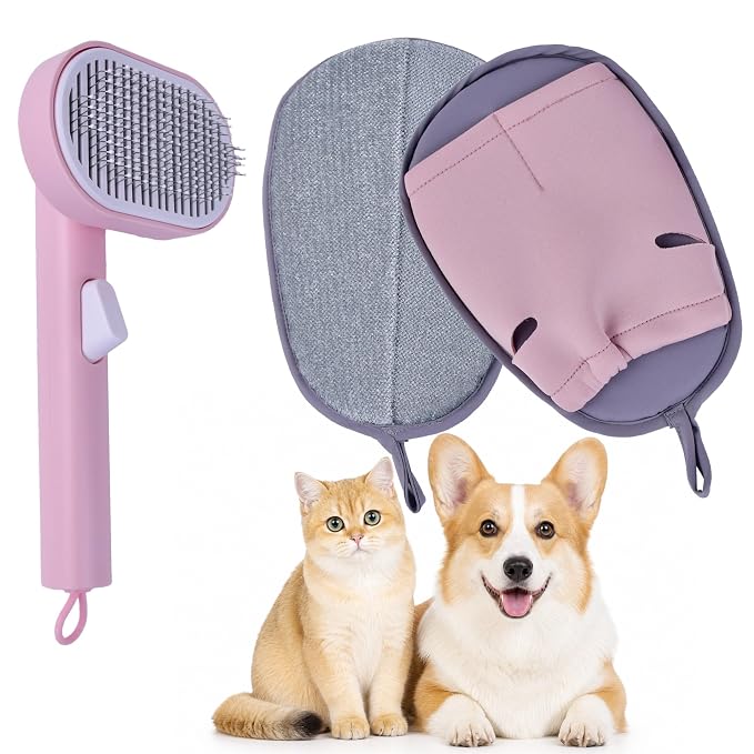 2 Pack Pet Hair Remover Kit Self Cleaning Slicker Brush for Cats Dogs & Electrostatic Grooming Glove One-Click Deshedding Brush Pet Hair Remover for Furniture Couch Clothes(Pink)