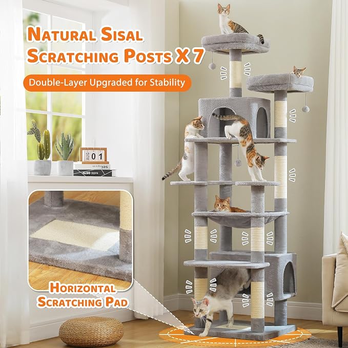 PAWZ Road 72" Cat Tree, Tall Cat Tower with Hammock& Condos for Large Cats | 20"x16" hammock for adult cats, cat tower with 7 scratching posts&pad, dual top perch and large condo for big cats