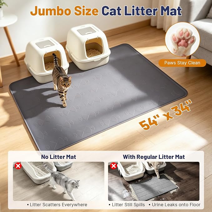 Cat Litter Mat, XL 54x34in Waterproof Silicone Litter Box Mat, Grey | XXL Cat Mat Fits 2-4 Litter Boxes, Litter Trapping Mat with Raised Edges, Non-Slip Bottom, Easy Clean Kitty Litter Mat