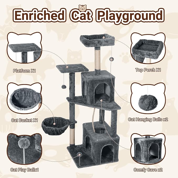 54 Inch Multi-Level Cat Tree Tower with Hammock, Condos & Scratching Posts, Large Cat Furniture for Indoor Cats with Pompoms, Dark Grey