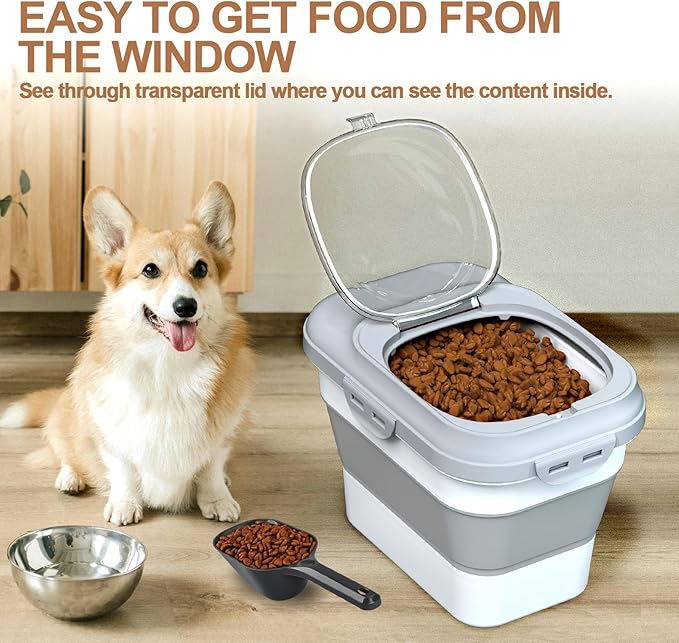 TIOVERY Dog Food Storage Container Small, 10-13lbs Collapsible Dog Cat Food Containers with Airtight Clear Flip-top and Pet Food Scoop, Pet Food Storage Container Bin for Dog Cat Bird Other Pets Grey