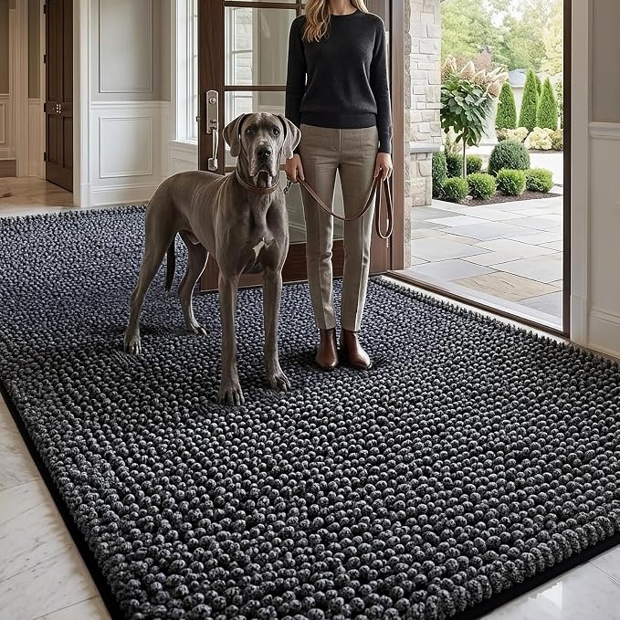 EHEYCIGA Super Absorbent Dog Door Mat for Muddy Paws 60x36 Inch Indoor, Front Doormat Outside Entrance, Quick Dry Chenille Washable Dog Crate Bed, Non-Slip Pet Rug Mud Mat Outdoor Entryway, Dark Grey