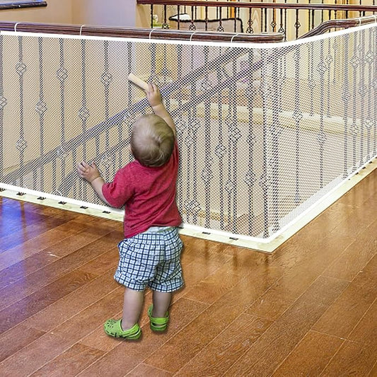 Baby Gate for Stairs, Banister Guard for Kids, Pets, Toys, 15ft L x 2.66 ft H, Mesh Netting Safety Net for Balcony Rail Stair, Stairway Net Baby Safety Products for Indoor & Outdoor (White)