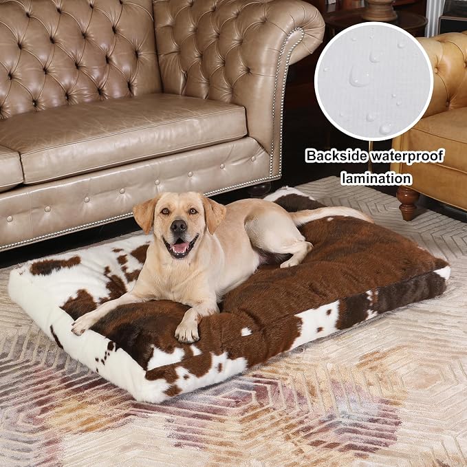 Bedfolks Waterproof Crate Bed, Plush Washable Cover, Faux Fur Pad for XXL Dogs, Fluffy Kennel Bed 47"x29", Cow Print