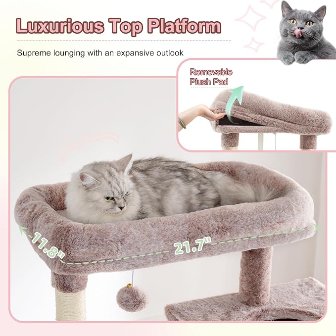 Heybly Cat Tree, 76-Inch Tall Heavy Duty Cat Tower for Big Cats HCT039MU | Multi-Level Large Cat Furniture with Extra Wide Baseboard, 2 Condos & 2 Hammocks, 10 Scratching Posts, Rosy Brown