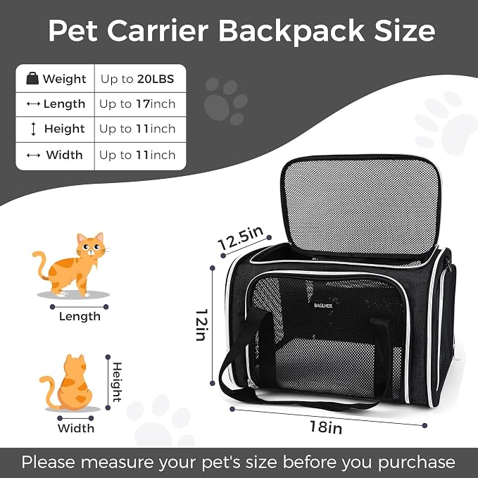 BAGLHER Pet Travel Carrier, Cat Carriers Dog Carrier for Small Medium Cats Dogs Puppies, Airline Approved Small Dog Carrier Soft Sided, Collapsible Puppy Carrier. Black