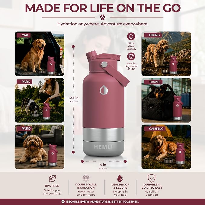 32 oz. Dog Water Bottle, Insulated Dog Travel Water Bottle, Stainless Steel Pet Water Bottle Dispenser Portable Food and Water Bowl for Dogs for Walking Dog Canteen Travel Kit