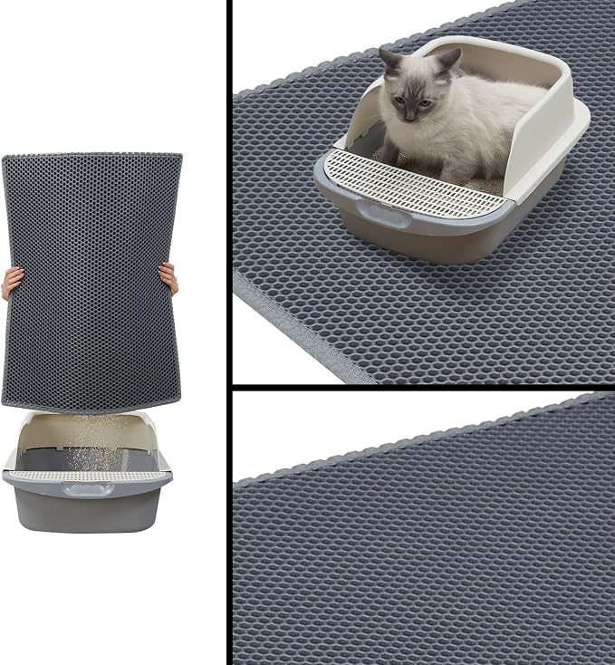 Cat Litter Mats (2-Pack) 24" x 15", Litter Box Mats with Double Layers, Urine-Proof and Non-Slip Litter Trapping Mats, Easy Clean Leakproof , Soft EVA Durable Anti-Scratch Kitty Litter Mat, Grey