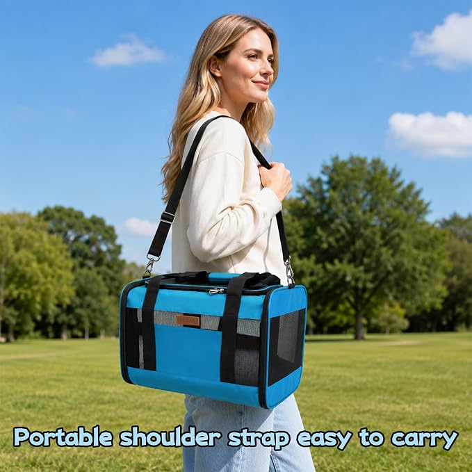 YUNIQUE Soft-Sided Cat & Dog Carrier for Pets Up to 15 Lbs, Airline Approved Collapsible Travel Puppy Carrier with Lightweight Fabric Design (Blue)