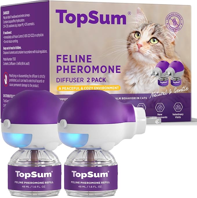 TopSum Cat Calming Pheromone Diffuser: Feline Pheromones Plug in for Stress, Alone At Home, Spraying, Fighting, Scratching, Aggression & Excessive Meowing (Purple, 2Diffusers+3.2 Fl Oz)