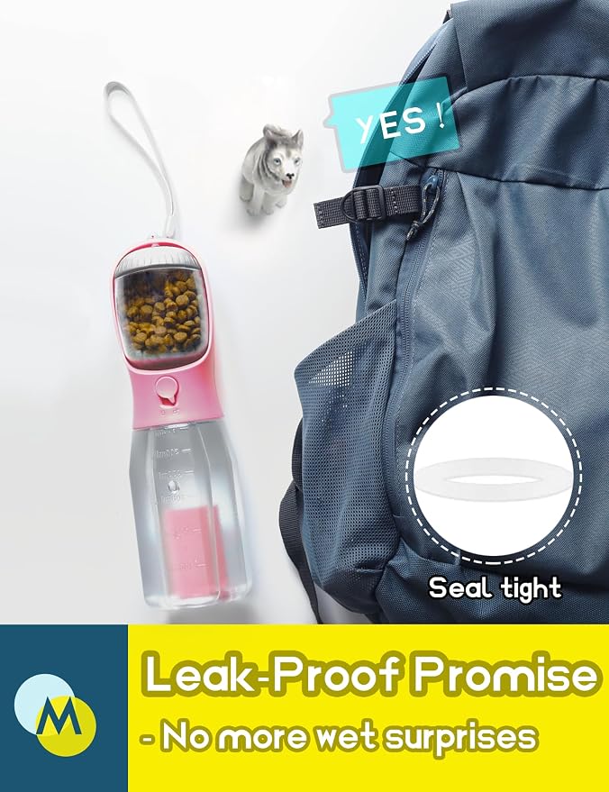 Portable Water Bottle for Small Dogs, 3 in 1 Animal Pet Travel Bowl Dispenser with Food Treat Container & Poop Bag Holder, Summer Hiking Walking Accessories for Puppy On The Go - Pink, 10oz