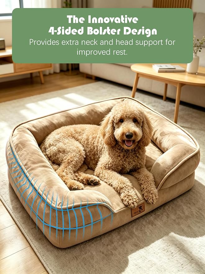 Spotted Play Orthopedic Dog Bed with Sides - Sofa Beds for Large Dogs, Supportive Foam Pet Couch Bed with Washable Removable Cover, Waterproof Lining and Non-Slip Bottom, Brown - L-Plus