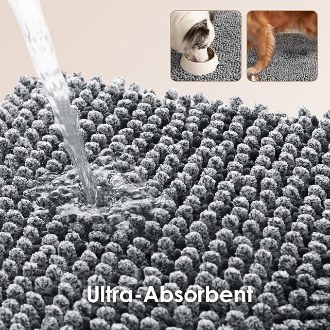 EHEYCIGA Super Absorbent Dog Door Mat for Muddy Paws 60x36 Inch Indoor, Front Doormat Outside Entrance, Quick Dry Chenille Washable Dog Crate Bed, Non-Slip Pet Rug Mud Mat Outdoor Entryway, Grey