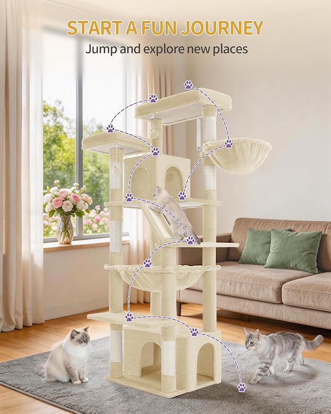 Hzuaneri Large Cat Tree, 72 Inch Tall Multi-Level Cat Tower for Indoor Cats | Cat Condo Furniture with 6 with Sisal Scratching Posts, 2 Large Platforms, 2 Cats House, Hanging Basket, Beige MS18318YG