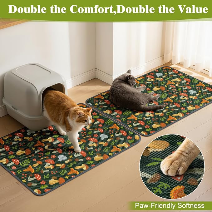 Unicorn Catcher 33X22in 2packCat Litter Mat Machine Washable Soft 3D Air Mesh Litter Box Rug Non-Slip Backing Quick Dry Scatter Control for Paws,Green Mushrooms