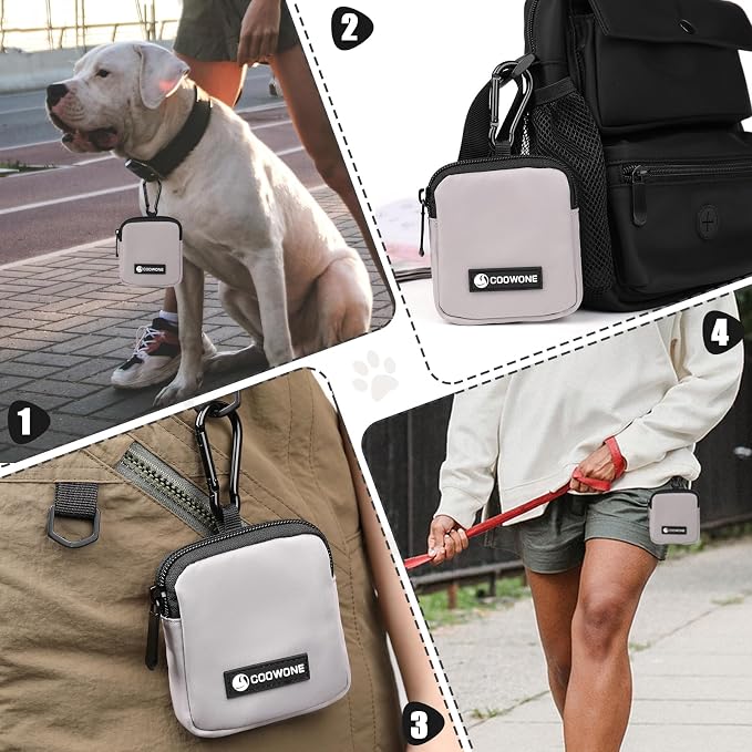 Dog Treat Pouch Pocket Sized Pet Puppy Training Pouch for Dog Training Behavior Aids, Waterproof Nylon Fabric Dog Poop Bag Holder, Hands Free Dog Walking Bag with Metal Carabiner (Grey)