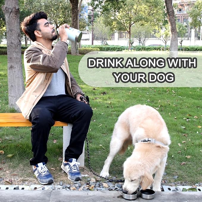 ILOMAX 3-in-1 Stainless Steel Dog Travel Water Bottle with Food & Water Bowls, Leak-Proof & Insulated, Extra Magnetic Lid, Keeps Drinks Cold 12H/Hot 6H, Portable Outdoor Hydration, 32oz (Bluish White)