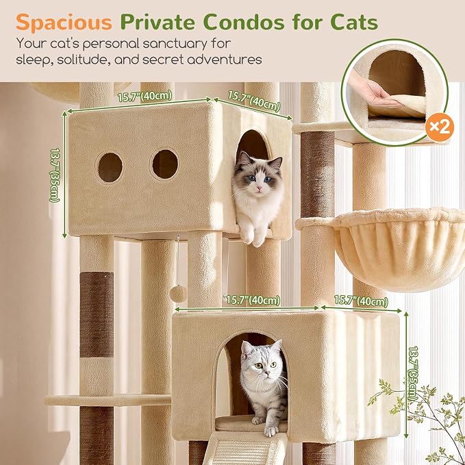 Globlazer Sturdy Cat Tower for Indoor Cats 20lbs, 76in, S76E, Beige | Heavy Duty Cat Tree for Adult Big Cats Maine Coon with Scratching Post, 2 Extra Large Top Perch, 2 Padded Cat Condos