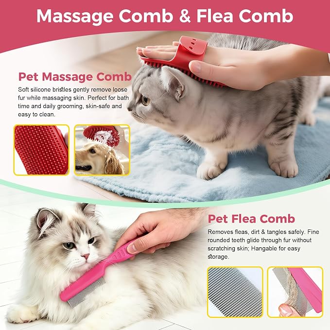 11 Piece Dog Grooming Kit - Hair, Nail, Massage Bath Supplies For Pets Cats | slicker dog brush for shedding，comb, undercoat rake, nail clipper tool, towel, scrubber gloves, scissors, all in one fur care