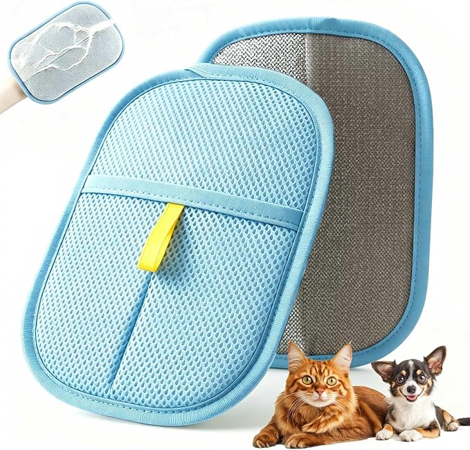 Thickened Pet Hair Removal Glove for Fabric Surfaces, Blue | Easy-On 2-Finger Design; Secure Stay-Put Fit; Easy Hair Pickup; Reusable Design; Sofas, Beds, Carpets, Pet Beds and Car Seats
