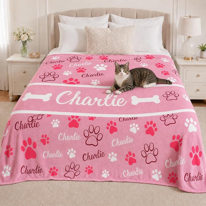 Personalized Dog Blanket, Customized Pet Blankets with Name Picture, Throw Blanket for Small Medium Large Dog Puppy Cat (E-Pink)