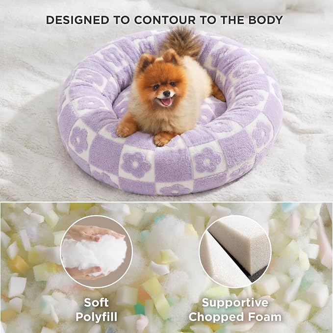 Lesure Shown on TV Donut Cat Bed for Indoor Cats - Small Round Dog Bed for Calming Pet as Gift with Washable Cover, Cute Puppy Bed with Jacquard Shaggy Plush & Anti Slip Bottom, 20 Inch, Flower Checks